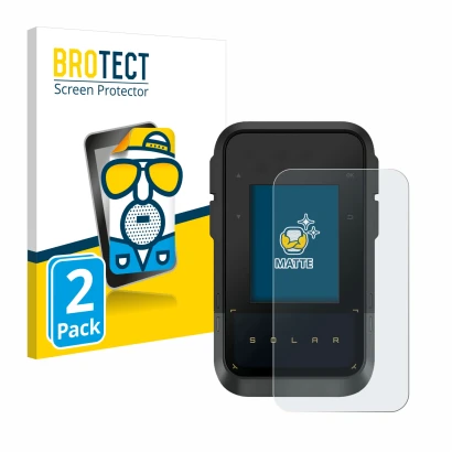 Front side of a product packaging with the brand logo BROTECT. Next to it is the device Garmin eTrex Solar shown with the corr