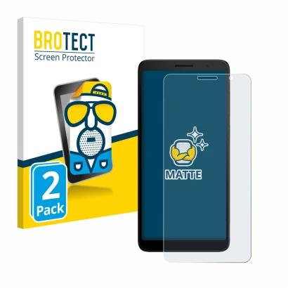 Front side of a product packaging with the brand logo BROTECT. Next to it is the device TCL 501 shown with the corresponding s