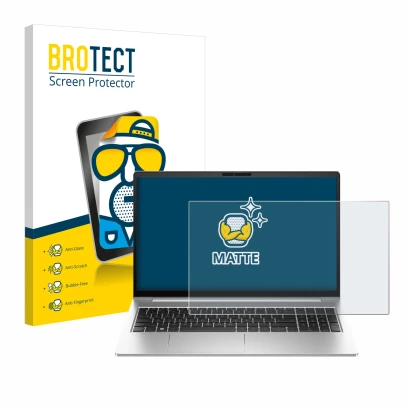 Front side of a product packaging with the brand logo BROTECT. Next to it is the device HP EliteBook 640 G10 shown with the co