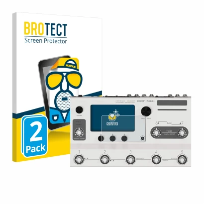 Front side of a product packaging with the brand logo BROTECT. Next to it is the device Hotone Ampero II Stage shown with the