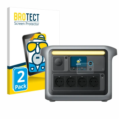 Front side of a product packaging with the brand logo BROTECT. Next to it is the device Anker SOLIX C1000X shown with the corr