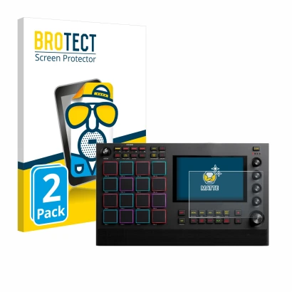 Front side of a product packaging with the brand logo BROTECT. Next to it is the device Akai MPC Live II shown with the corres