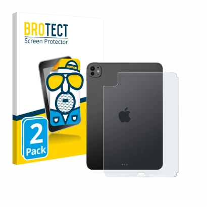 Front side of a product packaging with the brand logo BROTECT. Next to it is the device Apple iPad Pro 11" 2024 (Back) shown w