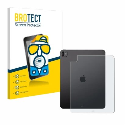 Front side of a product packaging with the brand logo BROTECT. Next to it is the device Apple iPad Pro 13" 2024 (Back) shown w