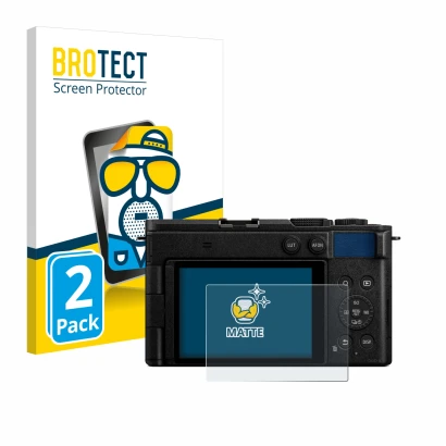 Front side of a product packaging with the brand logo BROTECT. Next to it is the device Panasonic Lumix DC-S9 shown with the c