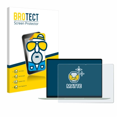 Front side of a product packaging with the brand logo BROTECT. Next to it is the device Huawei MateBook 14 2024 shown with the
