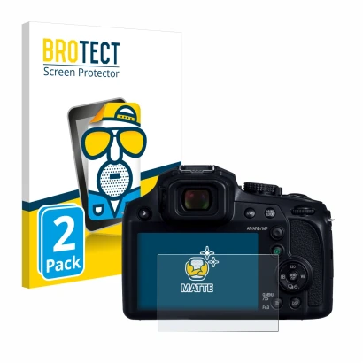 Front side of a product packaging with the brand logo BROTECT. Next to it is the device Panasonic Lumix DC-FZ82D shown with th