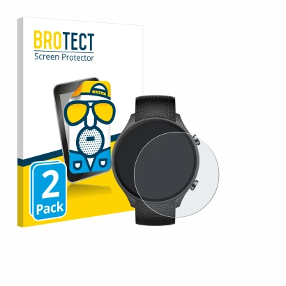 Front side of a product packaging with the brand logo BROTECT. Next to it is the device OnePlus watch 2R shown with the corres