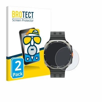 Front side of a product packaging with the brand logo BROTECT. Next to it is the device Samsung Galaxy Watch Ultra (47 mm) sho