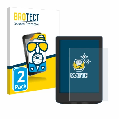 Front side of a product packaging with the brand logo BROTECT. Next to it is the device PocketBook Verse Pro Color shown with 