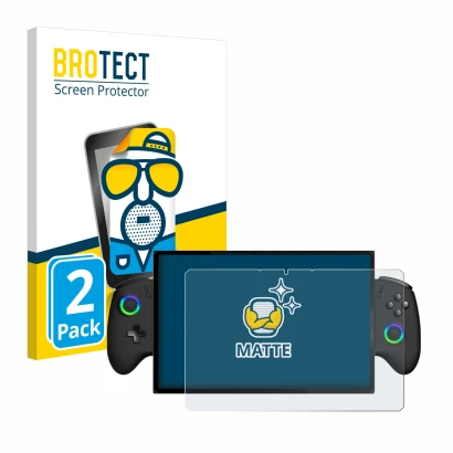 Front side of a product packaging with the brand logo BROTECT. Next to it is the device OneXPlayer X1 shown with the correspon