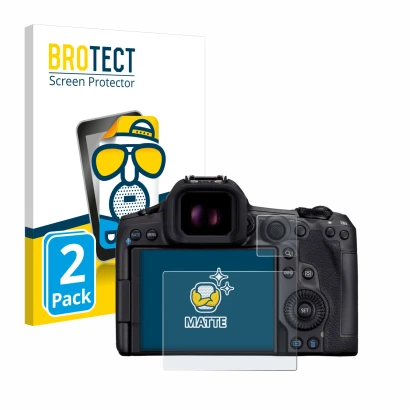 Front side of a product packaging with the brand logo BROTECT. Next to it is the device Canon EOS R5 Mark II shown with the co