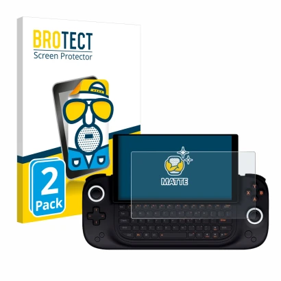 Front side of a product packaging with the brand logo BROTECT. Next to it is the device Ayaneo Slide shown with the correspond