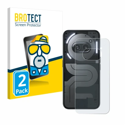 Front side of a product packaging with the brand logo BROTECT. Next to it is the device Nothing Phone (2a) Plus (Back) shown w