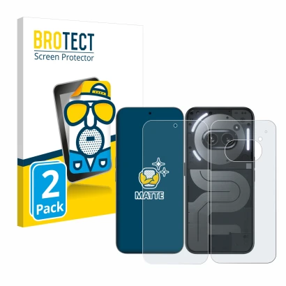 Front side of a product packaging with the brand logo BROTECT. Next to it is the device Nothing Phone (2a) Plus (Front+Back) s