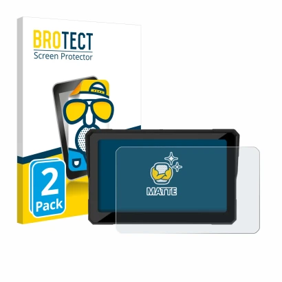 Front side of a product packaging with the brand logo BROTECT. Next to it is the device Carpuride W702B 7" shown with the corr