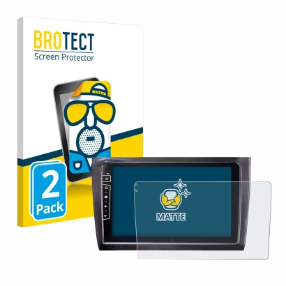 Front side of a product packaging with the brand logo BROTECT. Next to it is the device Dynavin D9-DF56 9" shown with the corr