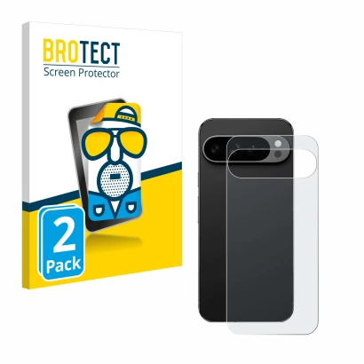 Front side of a product packaging with the brand logo BROTECT. Next to it is the device Google Pixel 9 Pro XL (Back) shown wit