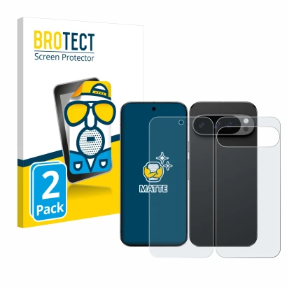 Front side of a product packaging with the brand logo BROTECT. Next to it is the device Google Pixel 9 Pro XL (Front+Back) sho