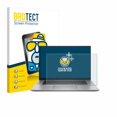 Front side of a product packaging with the brand logo BROTECT. Next to it is the device HP Zbook Studio 16 G11 shown with the 