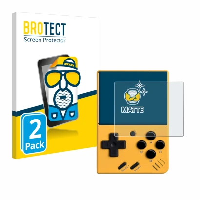 Front side of a product packaging with the brand logo BROTECT. Next to it is the device Miyoo Mini V4 shown with the correspon