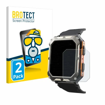 Front side of a product packaging with the brand logo BROTECT. Next to it is the device Findtime Smartwatch 1.83" shown with t