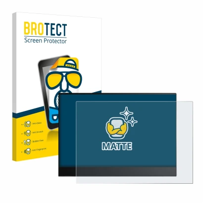 Front side of a product packaging with the brand logo BROTECT. Next to it is the device Lenovo ThinkVision M14t Gen 2 shown wi