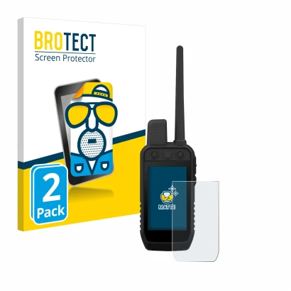 Front side of a product packaging with the brand logo BROTECT. Next to it is the device Garmin Alpha 300 K shown with the corr