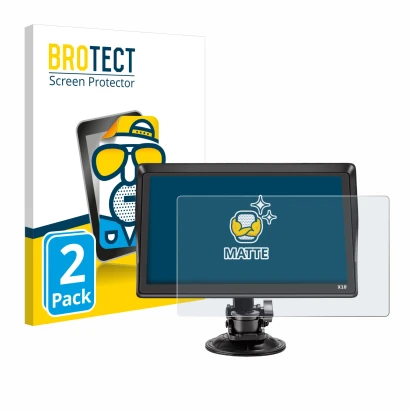 Front side of a product packaging with the brand logo BROTECT. Next to it is the device Xgody X10 9" shown with the correspond