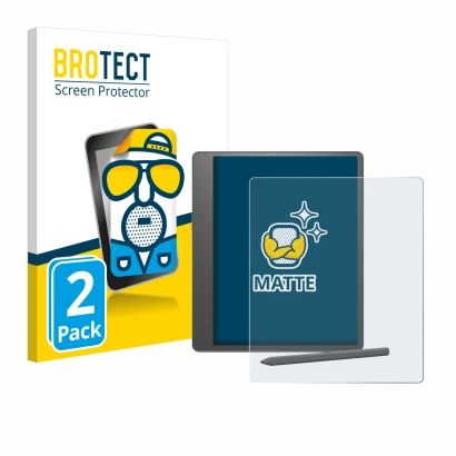 Front side of a product packaging with the brand logo BROTECT. Next to it is the device Amazon Kindle Scribe 2024 shown with t