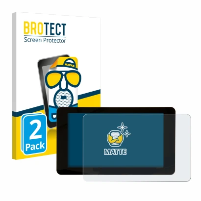 Front side of a product packaging with the brand logo BROTECT. Next to it is the device Raspberry Pi Touchscreen 2 (7") shown 