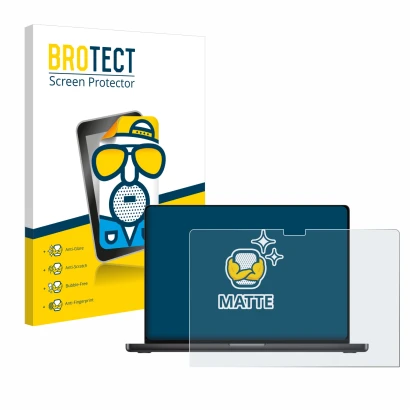 Front side of a product packaging with the brand logo BROTECT. Next to it is the device Apple MacBook Pro 16