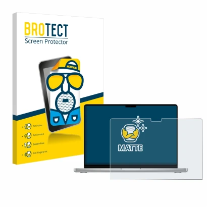 Front side of a product packaging with the brand logo BROTECT. Next to it is the device Apple MacBook Pro 14