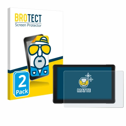Front side of a product packaging with the brand logo BROTECT. Next to it is the device Podofo Motorrad Carplay 7" shown with