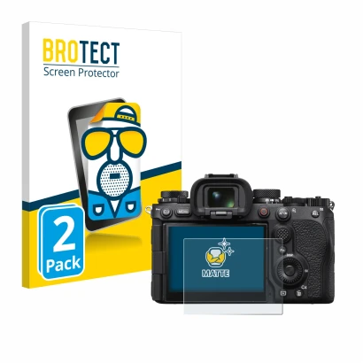 Front side of a product packaging with the brand logo BROTECT. Next to it is the device Sony Alpha 1 II (ILCE1M2B) shown with