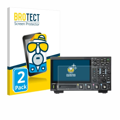 Front side of a product packaging with the brand logo BROTECT. Next to it is the device Rigol DHO914 shown with the correspond