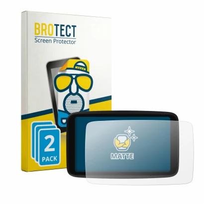 Front side of a product packaging with the brand logo BROTECT. Next to it is the device TomTom GO Advanced shown with the corr