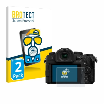 Front side of a product packaging with the brand logo BROTECT. Next to it is the device Panasonic Lumix DC-G97 shown with the 