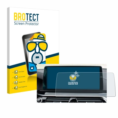 Front side of a product packaging with the brand logo BROTECT. Next to it is the device BMW Facelift G31 (LCI) (2021) 12.3" sh