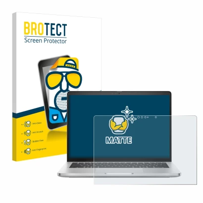 Front side of a product packaging with the brand logo BROTECT. Next to it is the device Dell Pro 14 Plus 2-in-1 PB14250 shown