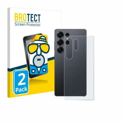Front side of a product packaging with the brand logo BROTECT. Next to it is the device Samsung Galaxy S25 Ultra (Back) shown