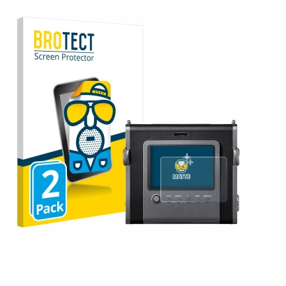 Front side of a product packaging with the brand logo BROTECT. Next to it is the device Fujifilm Instax Wide Evo shown with th
