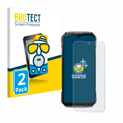 Front side of a product packaging with the brand logo BROTECT. Next to it is the device Doogee S Cyber Pro shown with the corr