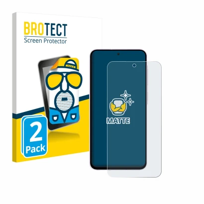 Front side of a product packaging with the brand logo BROTECT. Next to it is the device Samsung Galaxy A56 5G shown with the c