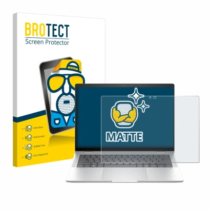 Front side of a product packaging with the brand logo BROTECT. Next to it is the device HP EliteBook X Flip G1i 14" shown with