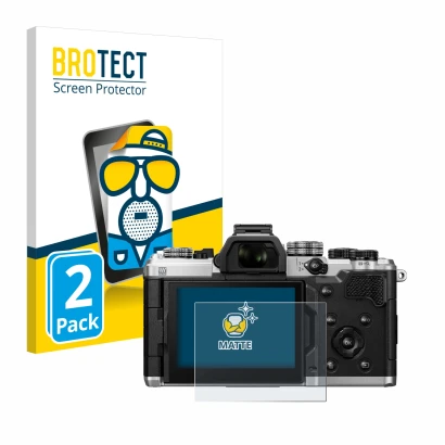 Front side of a product packaging with the brand logo BROTECT. Next to it is the device OM System OM-3 shown with the correspo