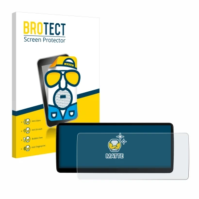 Front side of a product packaging with the brand logo BROTECT. Next to it is the device Xtrons QLB22X3UNL 12,3" shown with the