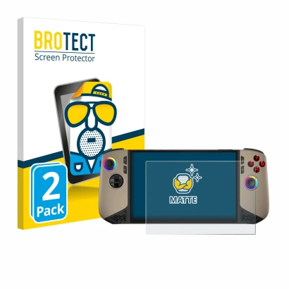 Front side of a product packaging with the brand logo BROTECT. Next to it is the device MSI Claw 8 AI+ shown with the correspo