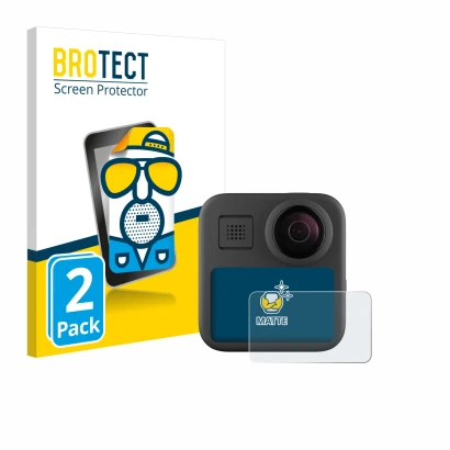 Front side of a product packaging with the brand logo BROTECT. Next to it is the device GoPro Max (2025) shown with the corres