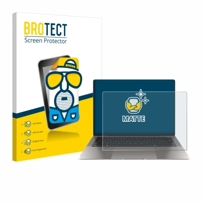 Front side of a product packaging with the brand logo BROTECT. Next to it is the device Honor MagicBook Art 14 shown with the 